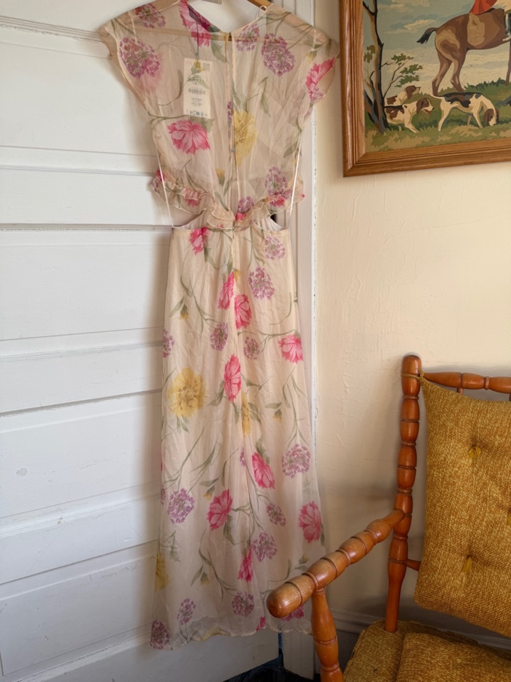 Zara Floral Ruffle Flowy Wedding Guest Fairycore Dress Sheer Chiffon Cream NWT S - Picture 8 of 11